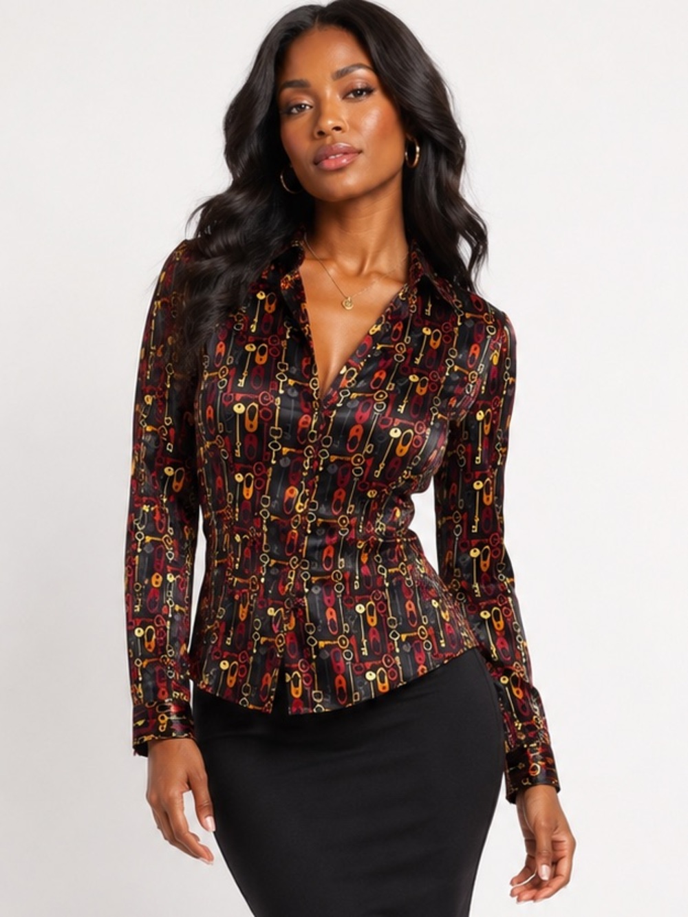 East 5th Lock & Key Pattern Polyester Button Down Form Fitting Blouse, Small Y2K